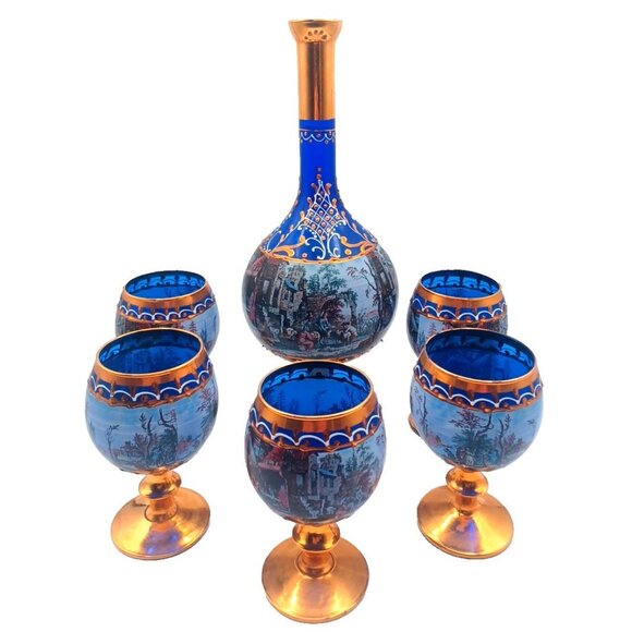 Murano Cobalt Blue Gold Pedestal Italian Victorian Scenes Decanter Wine Glasses - Picture 3 of 15